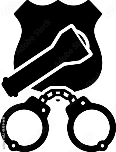 Police shield with flashlight and handcuffs for law enforcement and security concept. Flat style icon