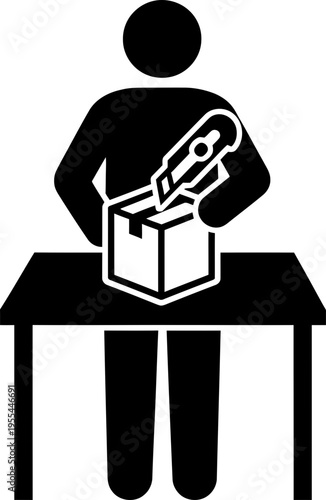 Man sticks a box in front of a table. Flat black icon for packaging, delivery, cardboard, parcel, shipping concept. Vector illustration