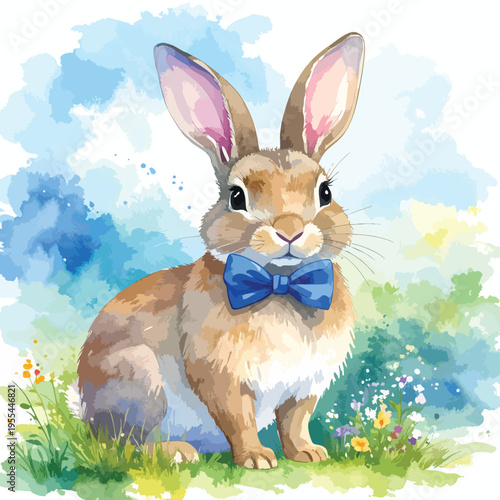 A cute brown rabbit wearing a blue bowtie sits in a colorful garden on a sunny day outside.