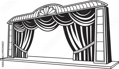 Theatrical stage curtain drapery with decorative canopy and swagged fabric