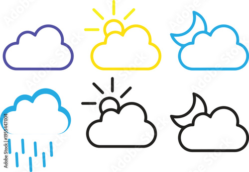 Weather Icons: A collection of simple, colorful weather icons representing various atmospheric conditions. Featuring sun, moon, cloud, and rain symbols for meteorology and forecasting