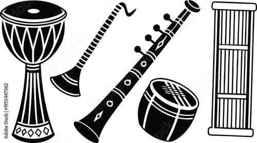 Traditional african musical instruments including a djembe shekere bansuri flute bongo and slit drum arranged together