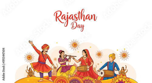 Illustration of traditional Rajasthani dancers celebrating Rajasthan Day with vibrant costumes and folk instruments against a festive background.