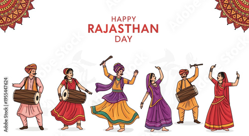 Illustration of traditional Rajasthani dancers and musicians celebrating Rajasthan Day with vibrant costumes and folk instruments on a white background.