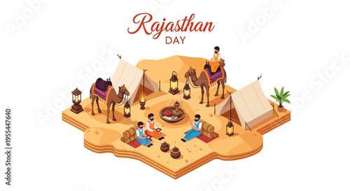 Isometric illustration of a Rajasthan Day celebration with traditional Indian tents, camels, and people gathered around a fire pit on a map of Rajasthan.