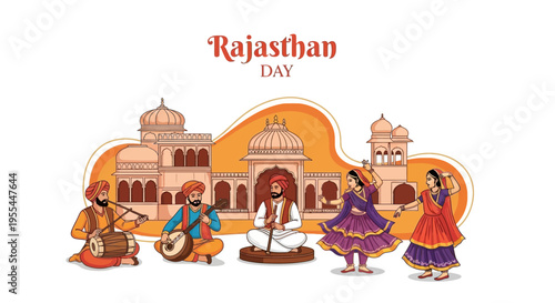 Illustration of traditional Rajasthani dancers and musicians performing in front of a heritage building on Rajasthan Day, celebrating Indian state culture with vibrant costumes and folk