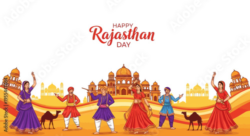 Illustration of traditional Rajasthani dancers celebrating Rajasthan Day with a vibrant festival scene, featuring cultural buildings and animals in a lively, colorful setting.