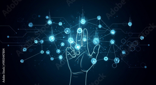 Glowing blue hand with circuits and nodes on dark background futuristic technology concept with human interface