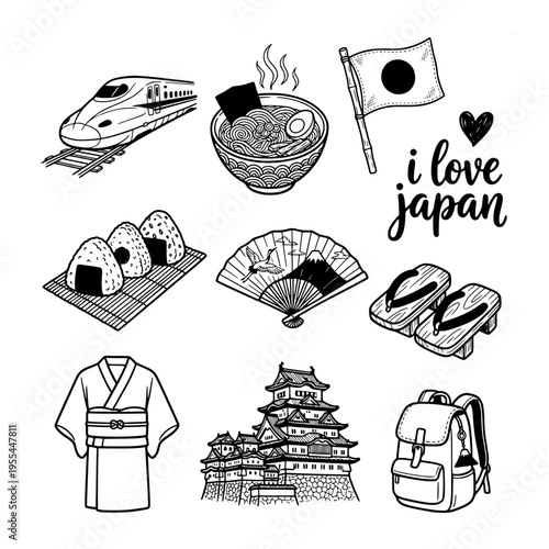 japan tourism and culture hand drawn icons set including shinkansen bullet train, ramen bowl, sushi, kimono, and traditional japanese architecture.