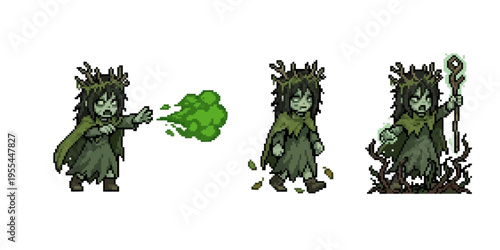 pixel art character spritesheet of a swamp witch with antler crown casting green poison gas and vines.