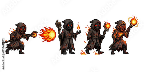 pixel art character spritesheet of a skeleton cultist in black robes wielding a skull staff and casting bright fire spells