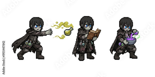 pixel art character spritesheet of an alchemist rogue throwing poison flasks, reading a book, and mixing purple chemical potions