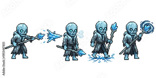 pixel art character spritesheet of a frozen skeleton mage with ice crystal staff casting frost spikes and winter blizzard spells