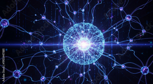 Glowing blue neural network with radiant connections on dark background representing artificial intelligence and technology concepts