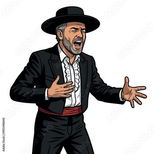 Traditional flamenco singer wearing black hat. Cantaor