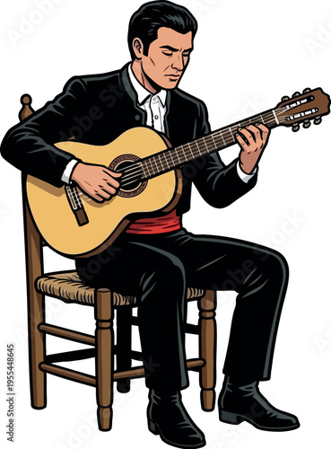 Professional Spanish guitar player in black suit. Flamenco performer. Tocaor