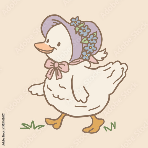Cute duck illustration with floral bonnet, kawaii farm animal character in vintage style, baby nursery clipart, spring easter duckling vector, children book illustration