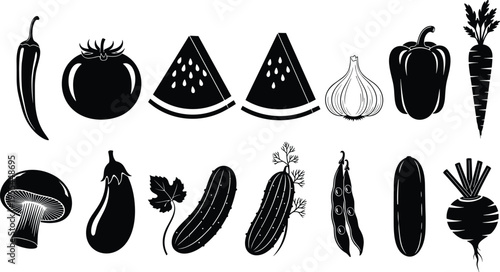 Fruits and vegetables silhouette illustration set, chili tomato watermelon garlic pepper carrot artwork, culinary vector design concept