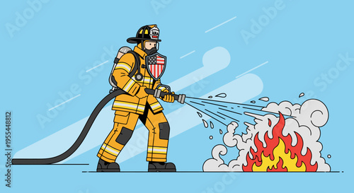 Firefighter in yellow gear spraying water on a fire with smoke and flames against a light blue background.