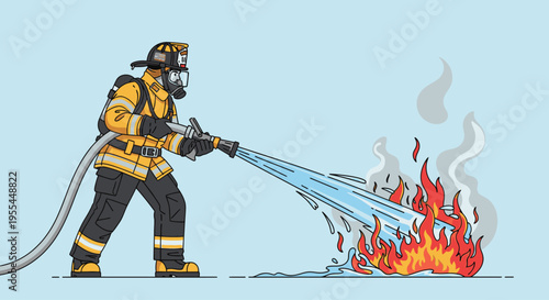 Firefighter in protective gear spraying water on a fire with flames and smoke on a light blue background.