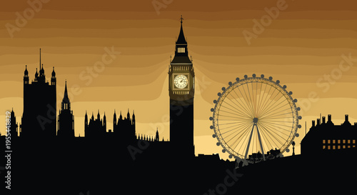 London skyline silhouette illustration set, Big Ben Elizabeth Tower London Eye Palace of Westminster artwork, sunset vector design concept