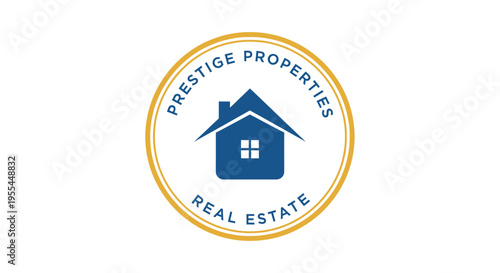 A circular logo for "Prestige Properties Real Estate" featuring a blue house icon within a golden-yellow border on a white background.