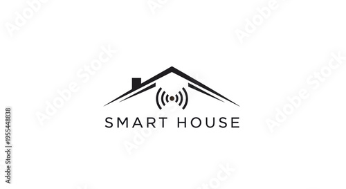 A minimalist black and white logo featuring a house roof with a Wi-Fi signal icon and the text 'SMART HOUSE' below, symbolizing modern home technology.
