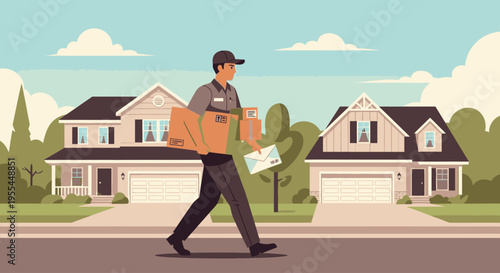 Delivery man walking down a suburban street with packages in hand, passing two houses with garages under a blue sky with clouds.