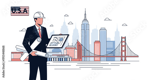 Illustration of a businessman in a hard hat holding blueprints and a tablet with the New York City skyline in the background.