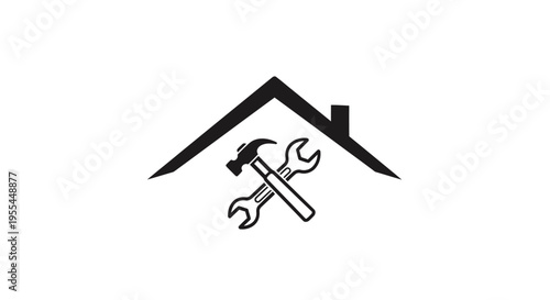 A black and white graphic of a house roof with crossed hammer and wrench, symbolizing home repair and maintenance services.