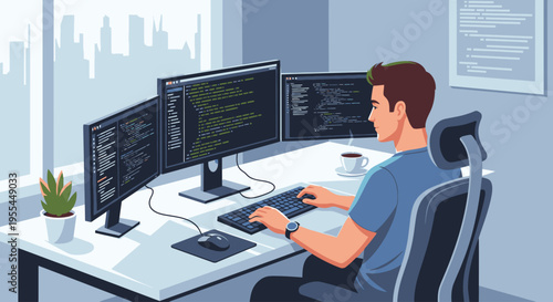 A man sits at a desk with three computer monitors coding in a modern office with a city view and a plant on the desk.