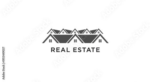 A black and white logo featuring a row of stylized house roofs above the text "REAL ESTATE" on a white background, representing property and housing.