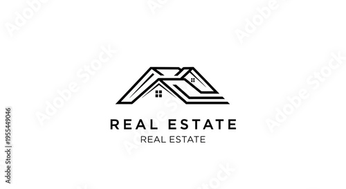 A minimalist black and white logo for real estate, featuring an abstract geometric house roofline design above the text "REAL ESTATE".
