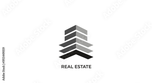 A minimalist real estate logo featuring a stylized building icon with stacked geometric shapes in shades of grey and black, set against a white background.