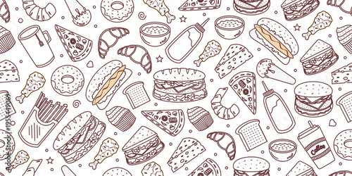 Fast foods doodle pattern. Seamless fast foods pattern in doodle style. Seamless pattern of fast foods doodle with coffee drink.