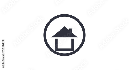 Minimalist dark grey house icon with a triangular roof and open base, enclosed within a circular outline on a white background.