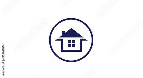 A simple, modern graphic icon featuring a dark blue house with a pitched roof and two windows, enclosed within a circular border, on a clean white background.