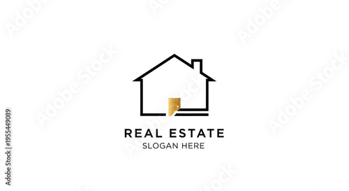 A minimalist real estate logo featuring a simple house outline with a golden door element and text "REAL ESTATE" on a white background.