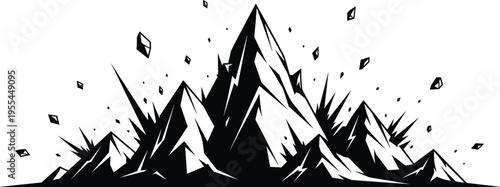Mountain range silhouette illustration set, jagged peak explosive shard artwork, dramatic landscape vector design concept