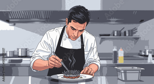 Illustration of a chef in a kitchen plating a dish with a utensil, wearing a white shirt and black apron with a modern kitchen background.