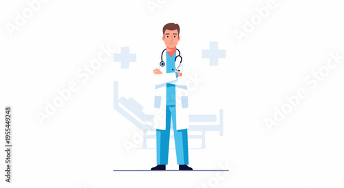 Illustration of a male doctor standing confidently in a medical setting with a stethoscope around his neck and a subtle hospital background.