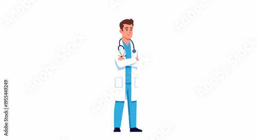 Illustration of a male doctor standing with arms crossed wearing a white lab coat and blue scrubs on a plain white background.