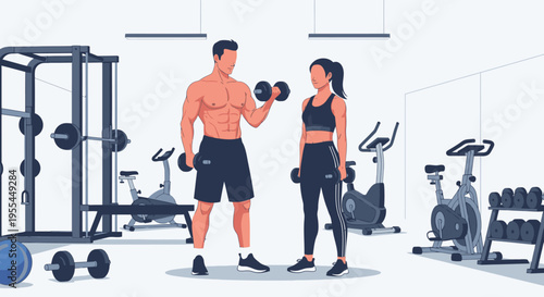 Illustration of a man and woman in athletic wear exercising with dumbbells in a modern gym with various workout equipment.