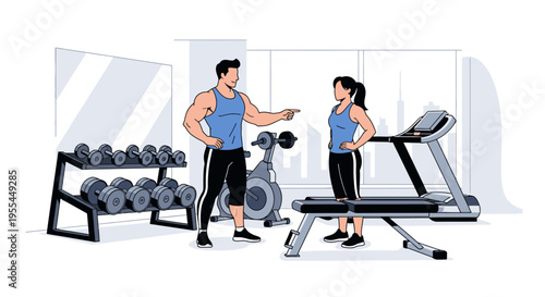 Illustration of a man and woman in workout gear discussing fitness in a gym with exercise equipment.