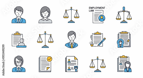 Employment law icons set including scales of justice documents and professionals for legal business and hr concepts