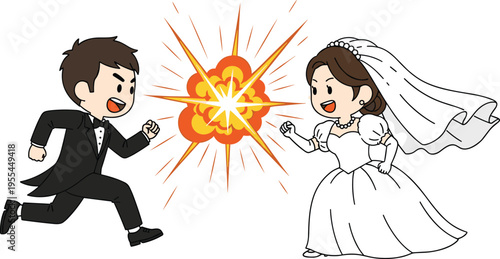 Wedding couple confrontation cartoon illustration set, bride groom playful clash artwork, humorous marriage vector design concept
