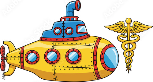 Yellow submarine cartoon illustration set, medical caduceus healthcare artwork, underwater vector design concept