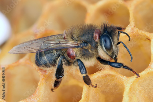 Obraz na plátně Honeybee (Apis mellifera) infested with parasitic Varroa mite (Varroa destructor) on a wax comb