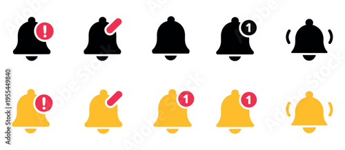 Notification bell icon set with golden bell, alarm and message symbols representing new notifications, reminders, push alerts, and schedule alert vector illustration