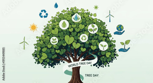 World tree day eco friendly symbols surrounding green tree with leaves and icons on light background